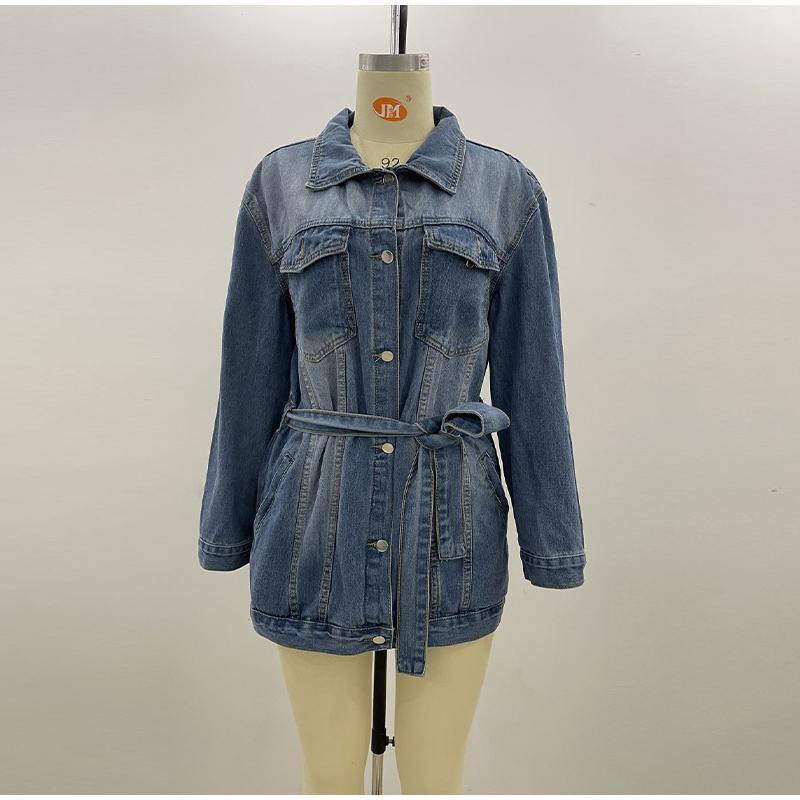 Elegant Lapel Denim Jacket with Belt Women Solid Color Long Sleeve Button Fake Pocket Loose Jacket 2025 Fashion Street Outwear