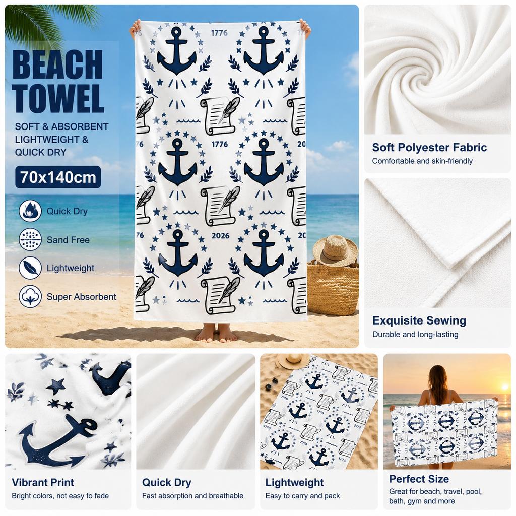 Nautical 1776 Anchor Pattern Beach Towel, Soft Microfiber Quick Dry Towel, Absorbent Towel for Swimming Travel Camping