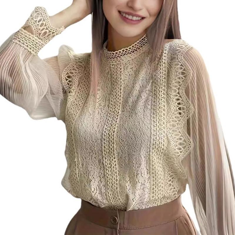 New Elegant Mesh Long Sleeve Lace Blouse Women Solid Color Round Neck Top Women's Loose Shirt Casual Sweet Office Spring Autumn Hollow Out Clothing