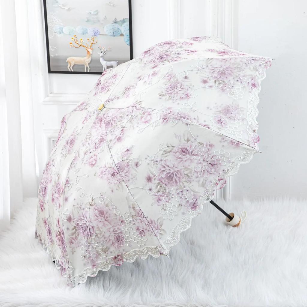 Double-layer Lace Umbrella Creative Embroidered Three-fold Princess Sunshade Umbrella Sun Protection Black Rubber Sun Umbrella