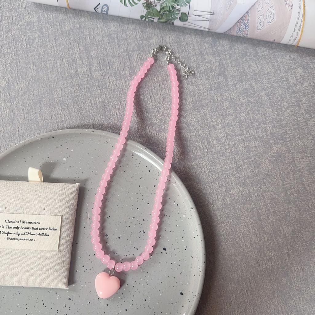 Candy Color Beaded Necklace Niche Design Fashion and Versatile Heart-shaped Necklace Women Girls Sweet Collarbone Chain Jewelry