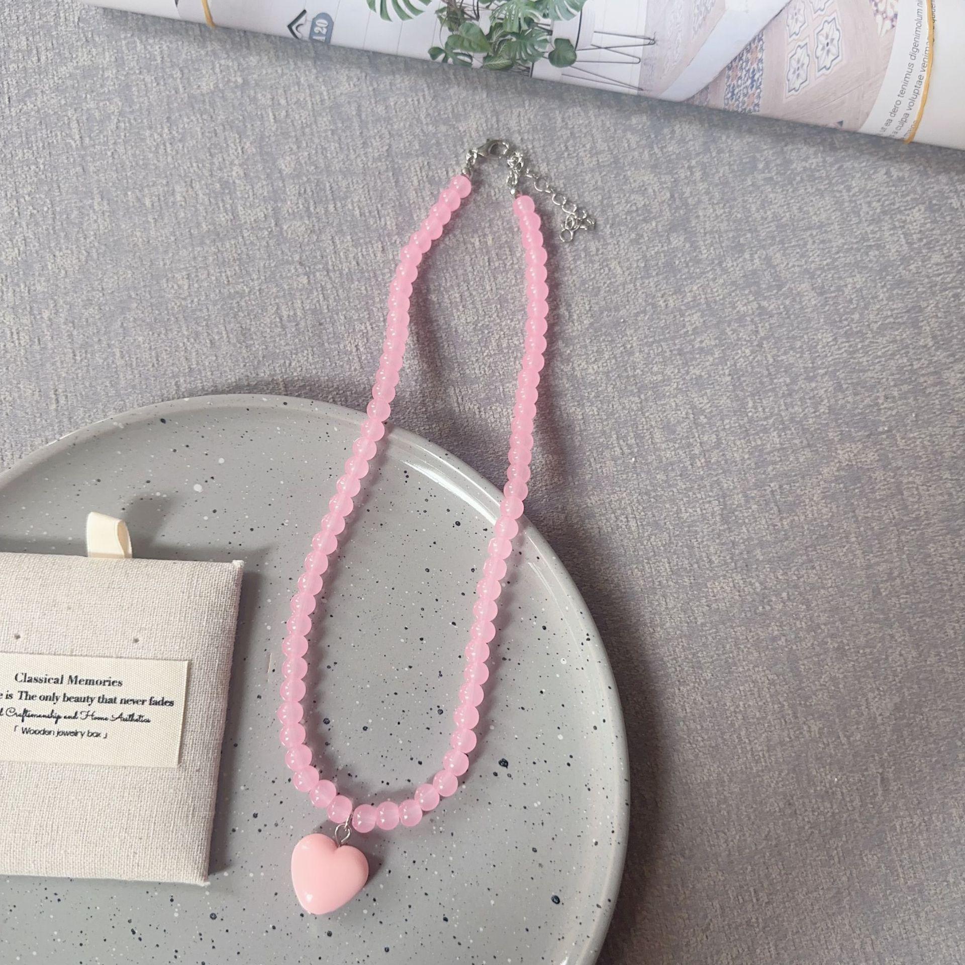 Candy Color Beaded Necklace Niche Design Fashion and Versatile Heart-shaped Necklace Women Girls Sweet Collarbone Chain Jewelry