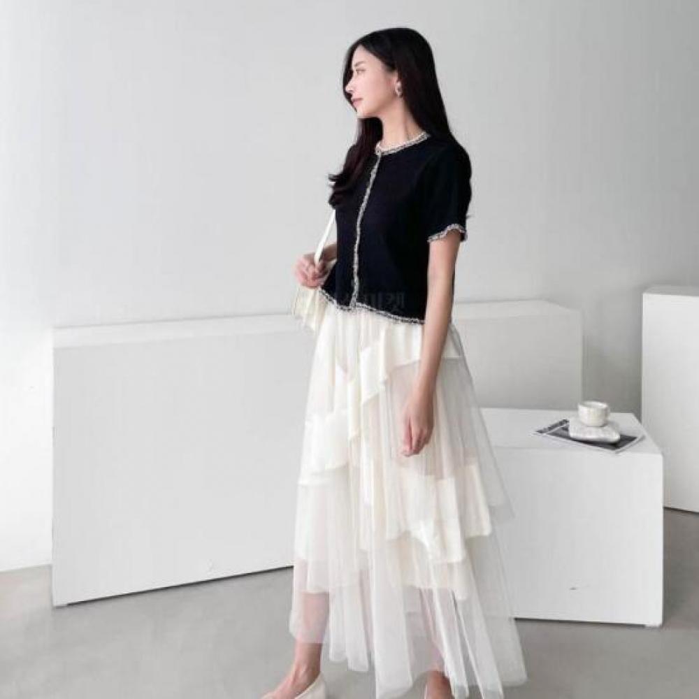 Mondead Women Chalang Fit Sheer Color Block Long Skirt