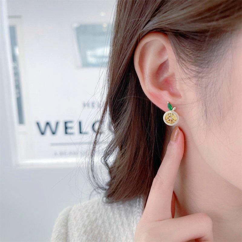 Small Crowd Design Sense Simple Temperament Earrings Fashionable Sweet Fresh Cubic Zirconia Inlaid Orange Lemon Earrings