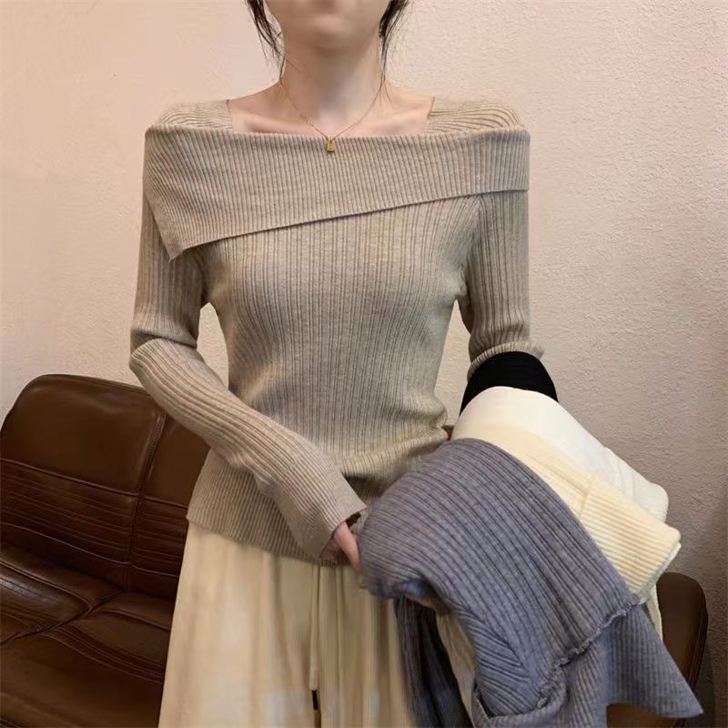 Podzimní jednobarevné pletené svetry Sexy pletené svetry Dámská móda Základna s dlouhým rukávem Tenké svetry Svetry Topy Elegantní Ležérní svetry s vypnutým ramenem 25669