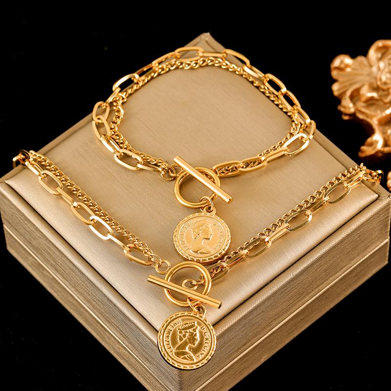 EILIECK 316L Stainless Steel Gold Portrait Coin Necklace Bracelets Set For Women New Trendy OT Buckle Waterproof Jewelry