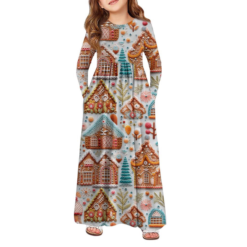 Girls' Maxi Dress - Long Sleeve Pocket Dress Christmas Day
