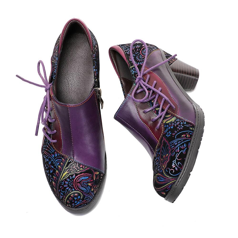 Johnature נעלי עקב גבוהות מודפסות רטרו, נעלי פאמפ מעור אמיתי, סגנון אתני, פרח, רוכסן צדדי, נעלי נשים