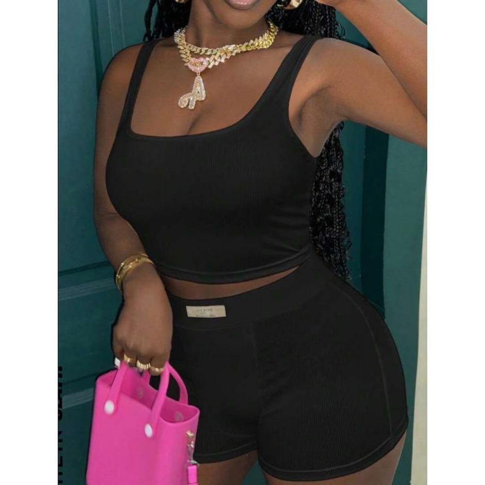 Women's 2Pcs Set Casual All-Match Ribbed Tank Top and Tight-Fitting Shorts Set for Home and Daily Wear -Z