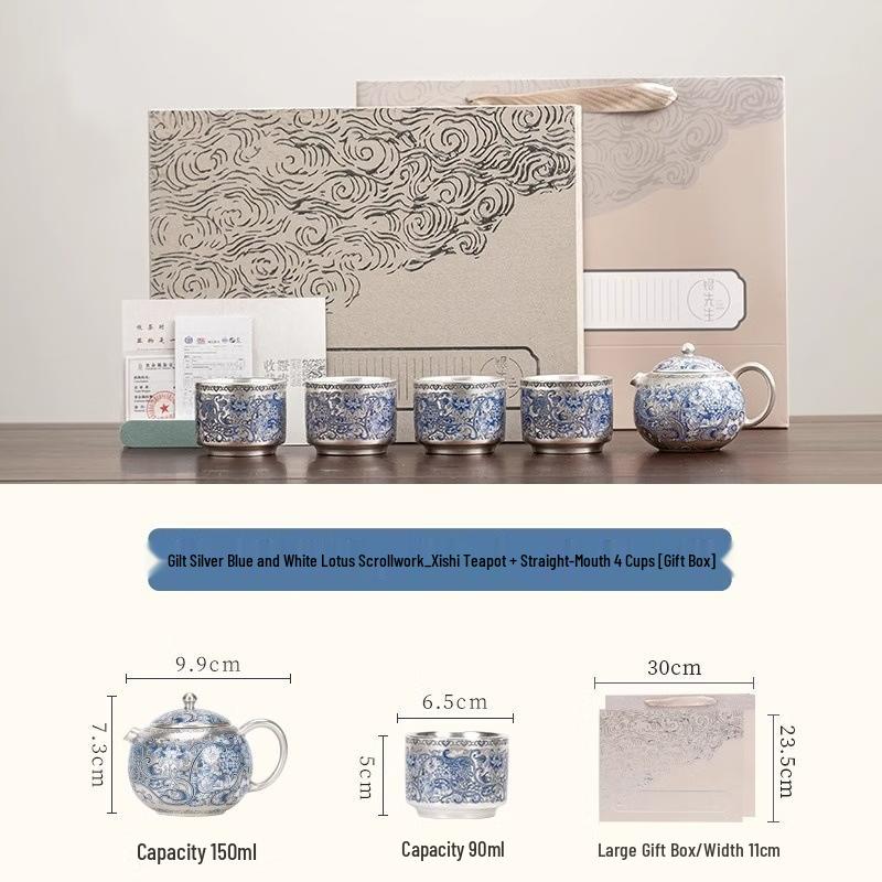 Underglaze Blue and White Lotus Ceramic Tea Set