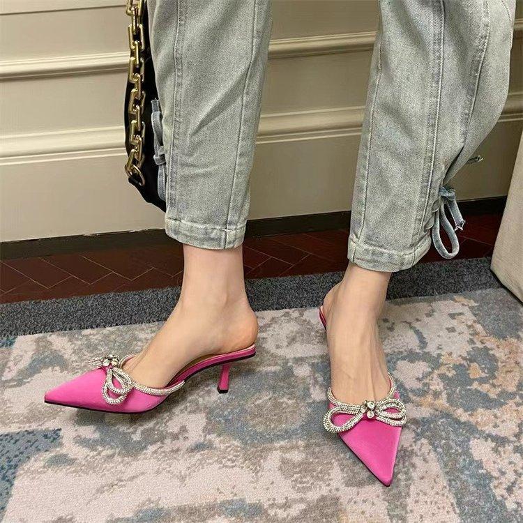 2025 European and American Fine Heel Medium Heel Bag Head Half Drag Women's Rhinestone Bow Pointed Fashion Slippers High Heel Outer Wear Sandals