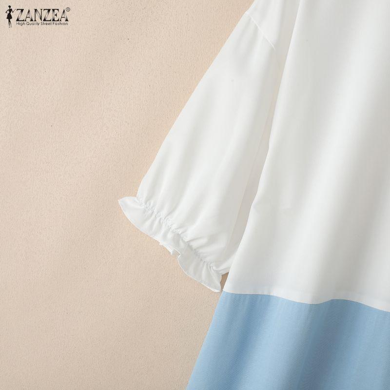 ZANZEA Women Round Neck 3/4 Sleeve Loose Patchwork Summer Dress