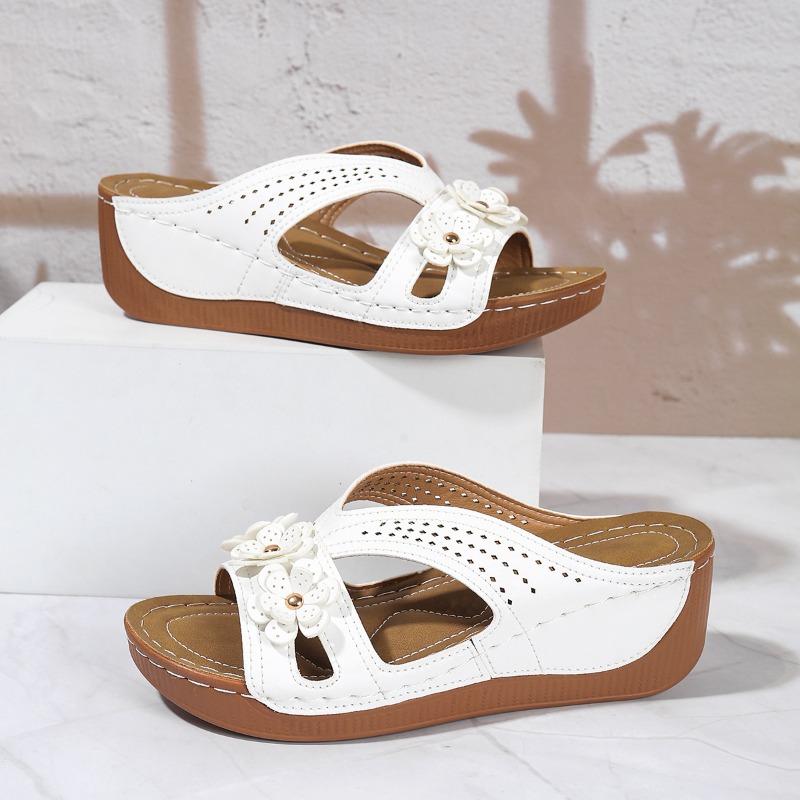 Damen Übergröße Hollow Flower Flache Pantoletten, Sommer Schuhe mit Einzelriemen