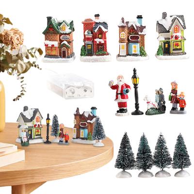 12 Pcs Mini Resin Christmas Town Scene Desktop Ornaments Lighted LED DIY Christmas Doll Figurines Christmas Collectible Ornament