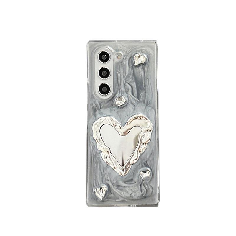 Silver Gray Glue Phone Case for Samsung Zflip6 Flip Folding Screen Zfold5 Love Mirror Female New Model