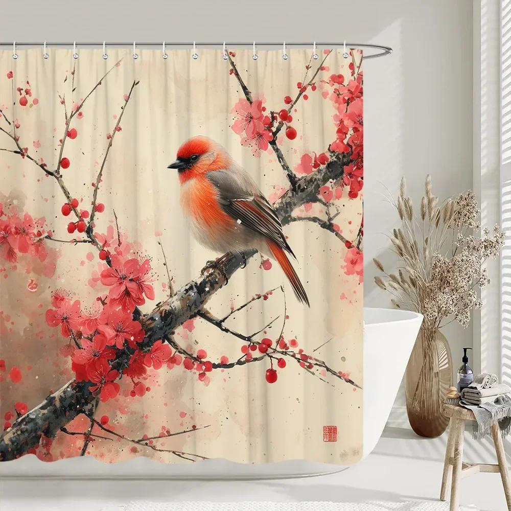 Chinese style Shower Curtain Koi Fish Cherry Blossom Sun Sea Wave Octopus Landscape Polyester Fabric Curtains Bathroom Decor