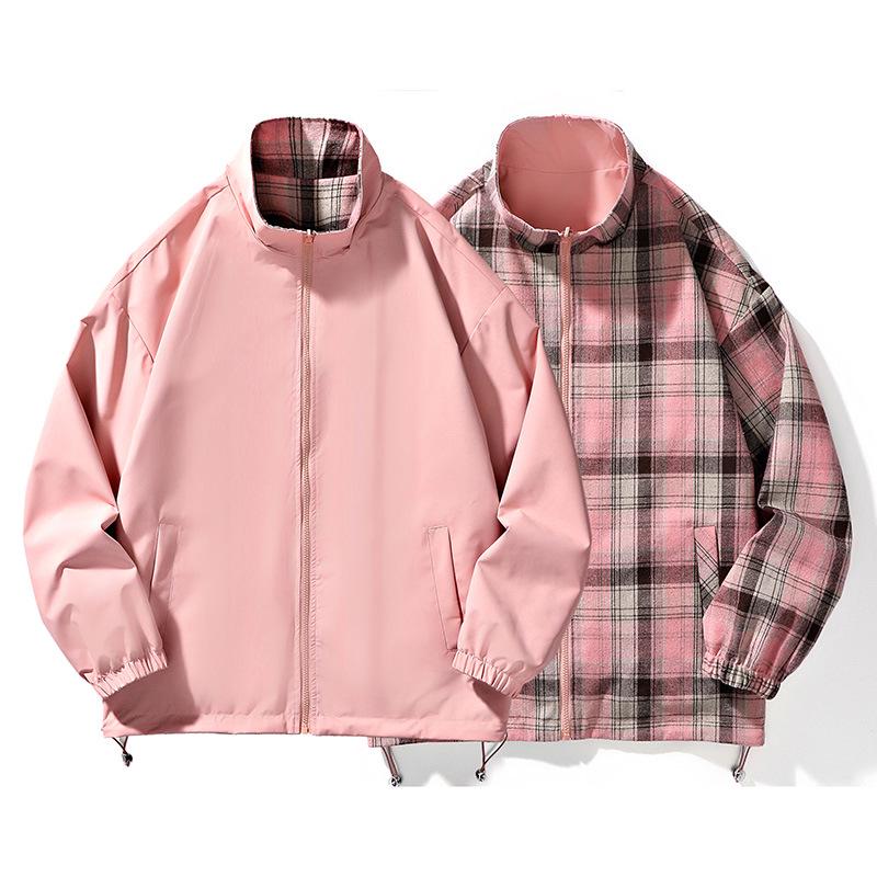 Trendy Cross-Lattice Double-Sided Spring/Autumn Cool Streetwear Jacket with Stand Collar