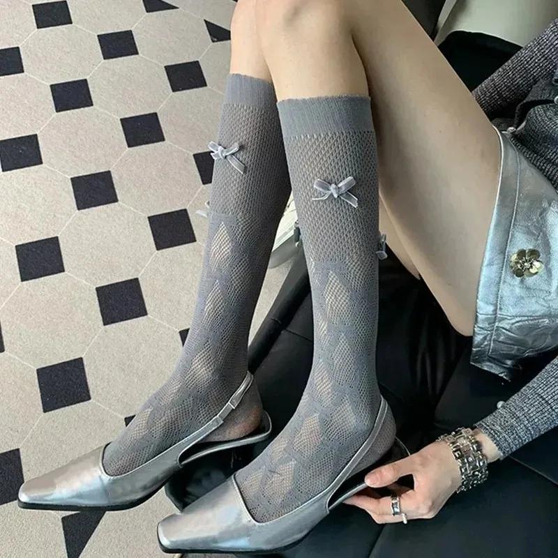 Hollow Out Bow Design Stacking Fishnet Socks Mid Calf Lace Stockings Bow Fishnet Mesh Socks for Women Kawaii Y2K Street Style