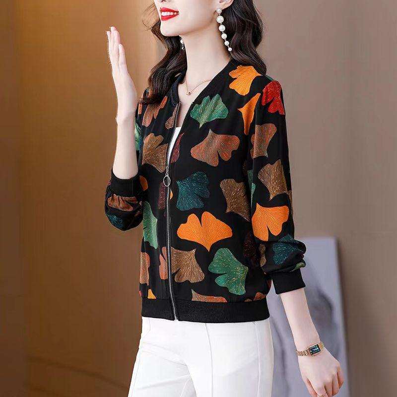Mother's Chiffon Printed Long-Sleeve Cardigan: 2025 Spring New, Plus Size, Loose Fit, Versatile Baseball Jacket