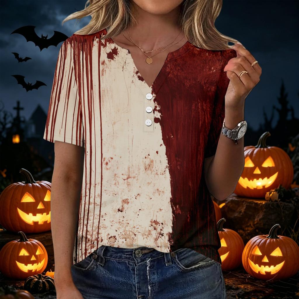 Women's Casual Halloween Printed V-Neck Short Sleeve Button Front T-Shirt