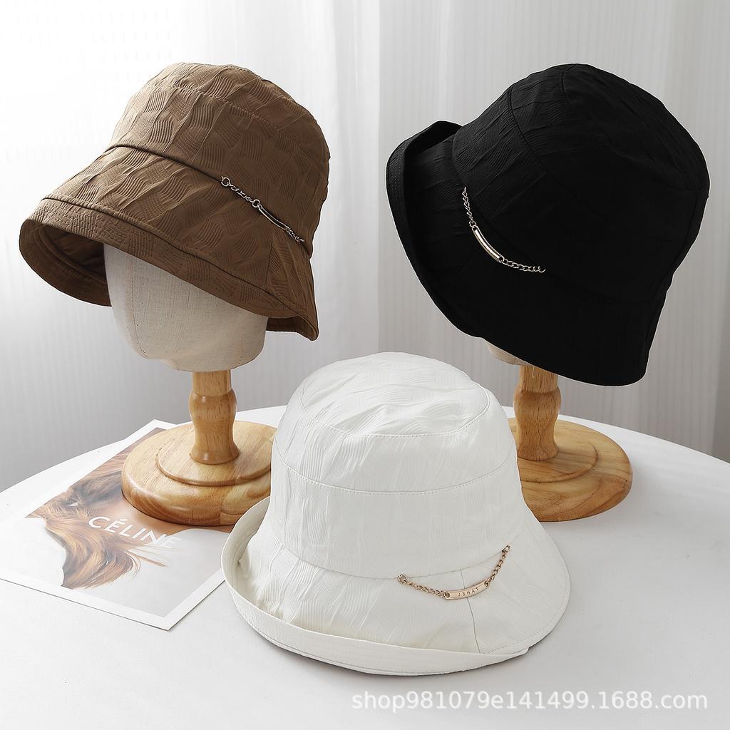 Literary and retro solid color crimped chain bucket hat women's outdoor travel temperament casual versatile sunshade bucket hat