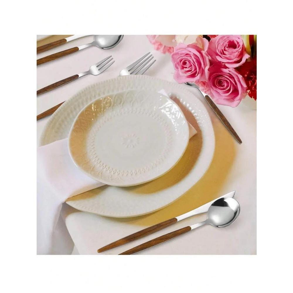 5/20/30pcs Stainless Steel Cutlery Set, Portuguese Imitation Wood Grain Plastic Handle Cutlery, Suitable for Kitchen, Hotel