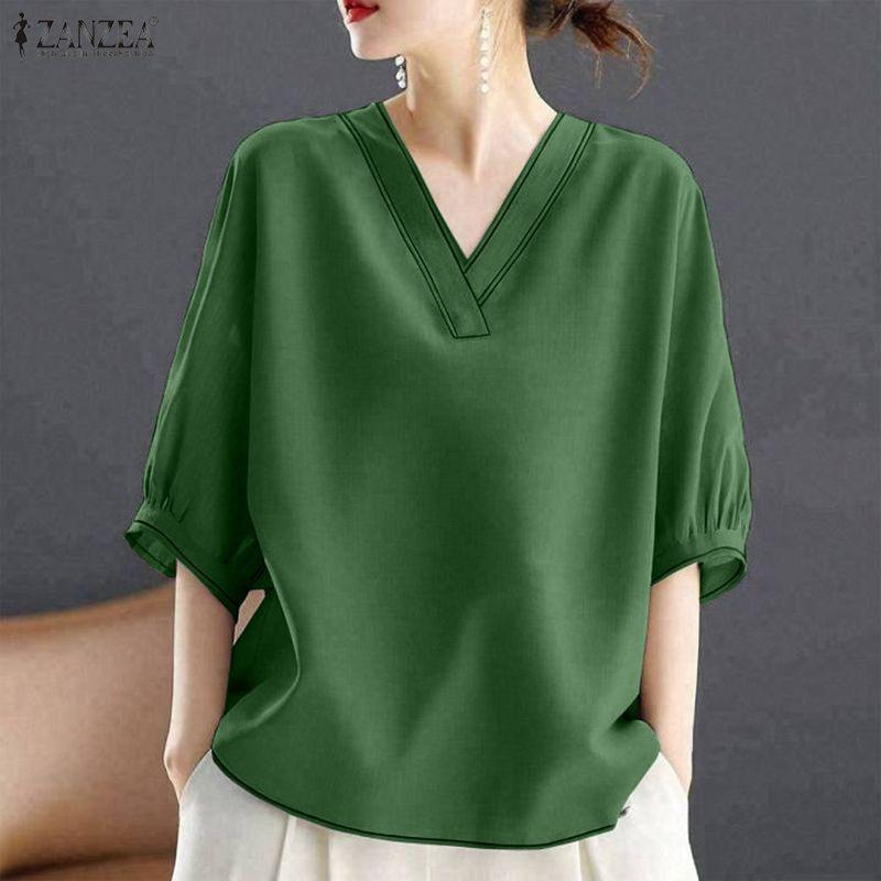 ZANZEA Women Casual V-Neck 3/4 Sleeve Loose Blouse