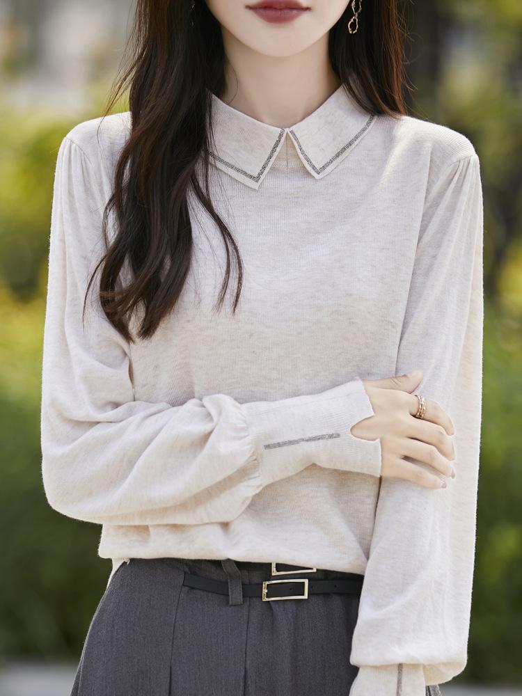 

Women s Autumn Knit Wool Sweater with Hot Drill Detail and Turn-Down Collar L темно-сірий