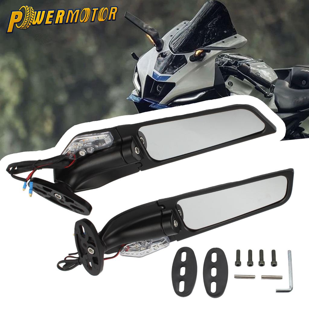 For Honda Yamaha Suzuki KAWASAKI Ducati Motorcycle Mirrors with LED Light Motorbike Winglets Wing Side Mirrors Adjustable
