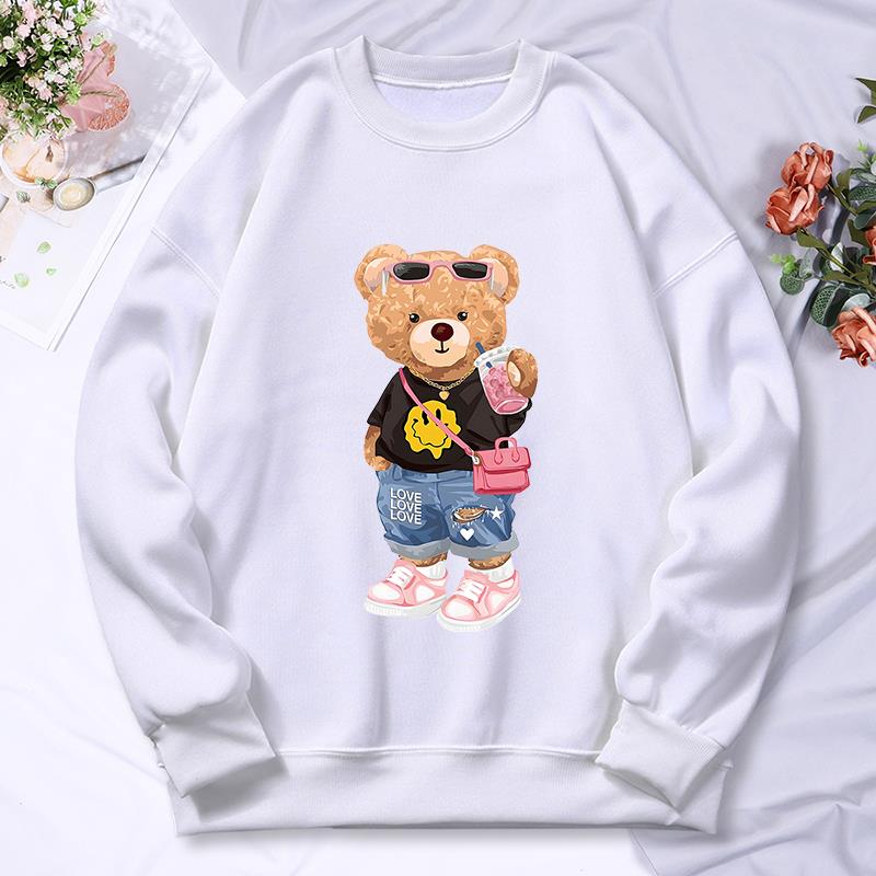 Bärenschwester Milchtee trinken Druck Damen Hoodie Herbst Warmes Sweatshirt Lässige Kapuzenpullover Hip Hop Lockere Pullover Oberteil