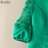 ZANZEA Women Casual Round Neck Embroidery Mesh Splice 3/4 Sleeve Satin Blouse