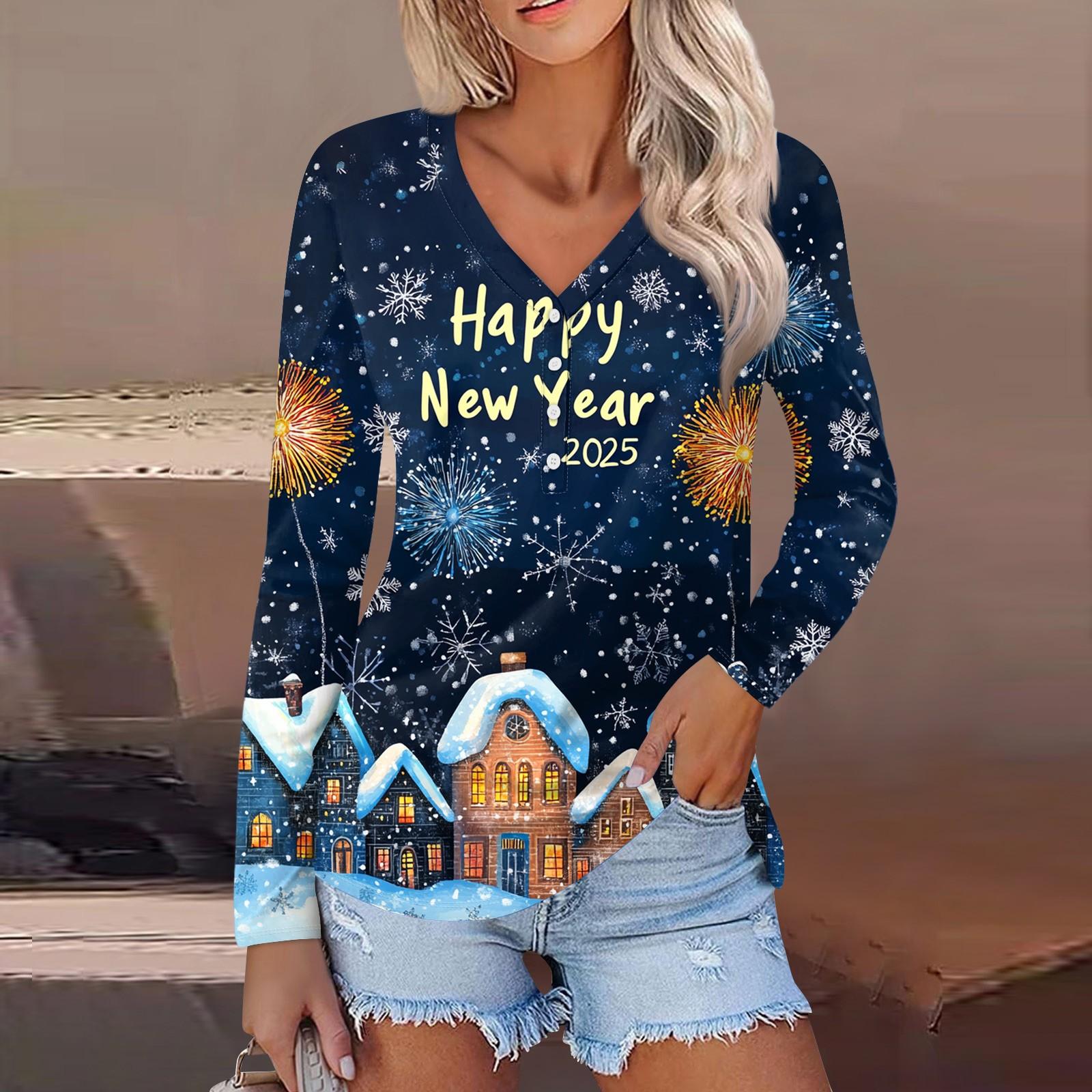 

Женская повседневная мода сексуальный комфорт рождественский принт V-образный вырез пуговицы длинный рукав XL