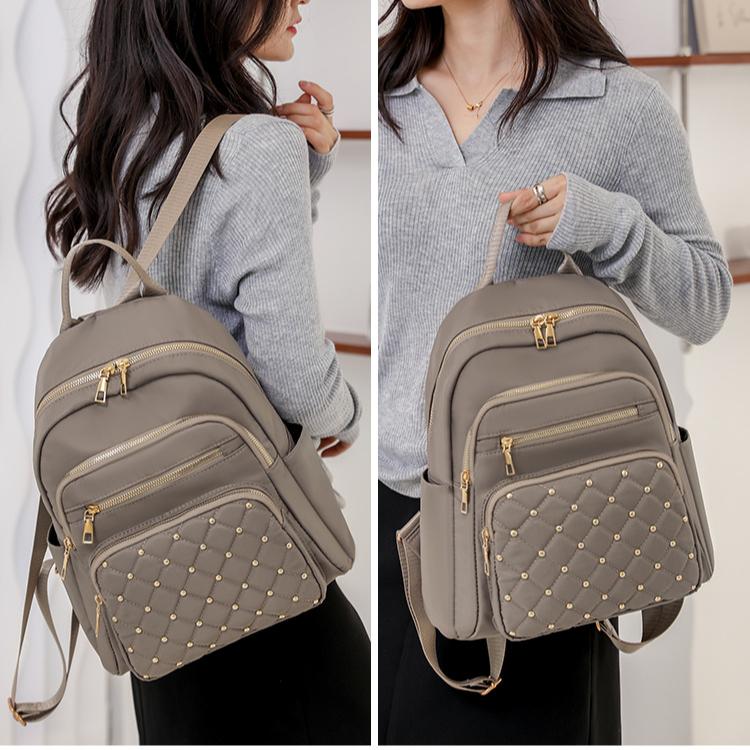 Solid Color Diamond Grid Car Stitching Rivet Fashionable Backpack with Women's Texture, Large Capacity, Simple Backpack