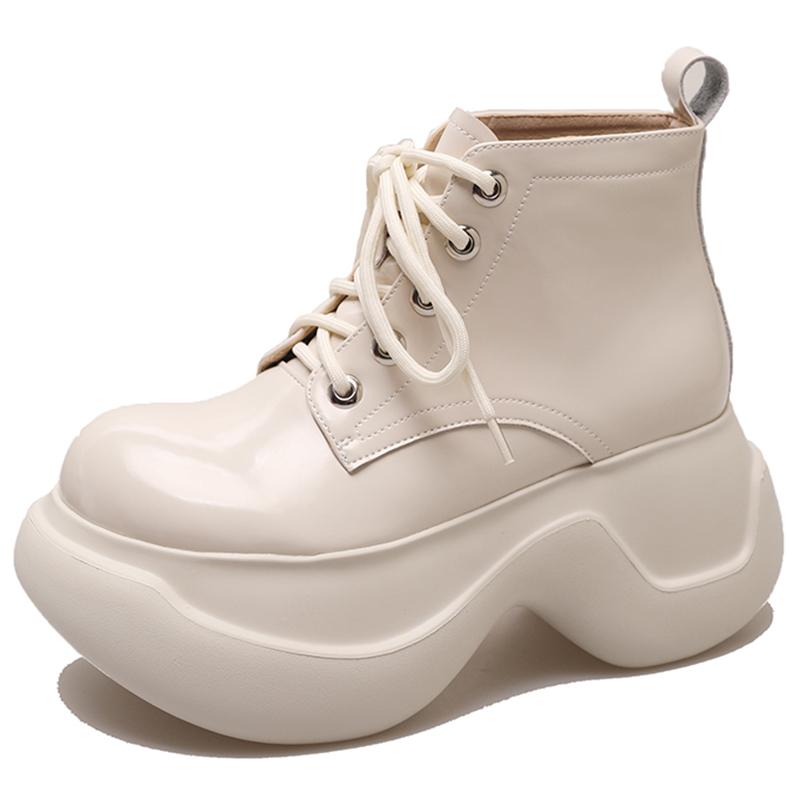 

Модные черные короткие сапоги на толстой платформе, женские лакированные ботильоны в британском стиле, Botas Mujer 2024, осенние туфли на шнуровке с толстой подошвой 35 бежевый