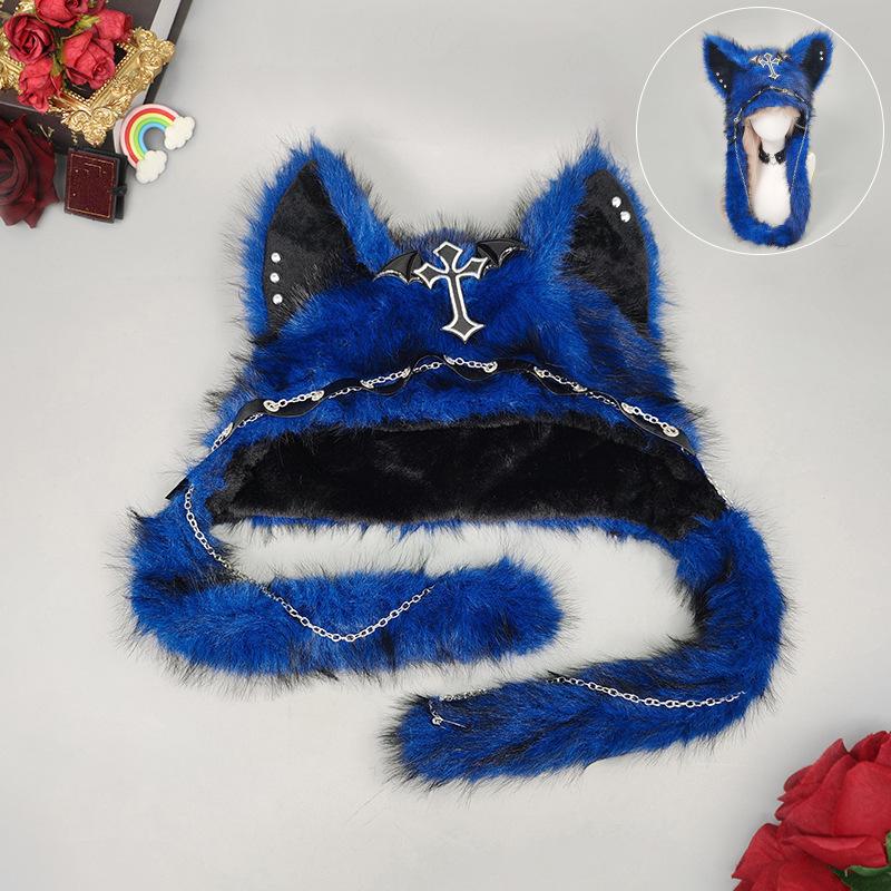 Goth Handwork Medieval Cross Fluffy Hat Woman Punk Wolf Cat Ears Plush Headgear Gothic Darkness Cosplay Props Windproof Gorros