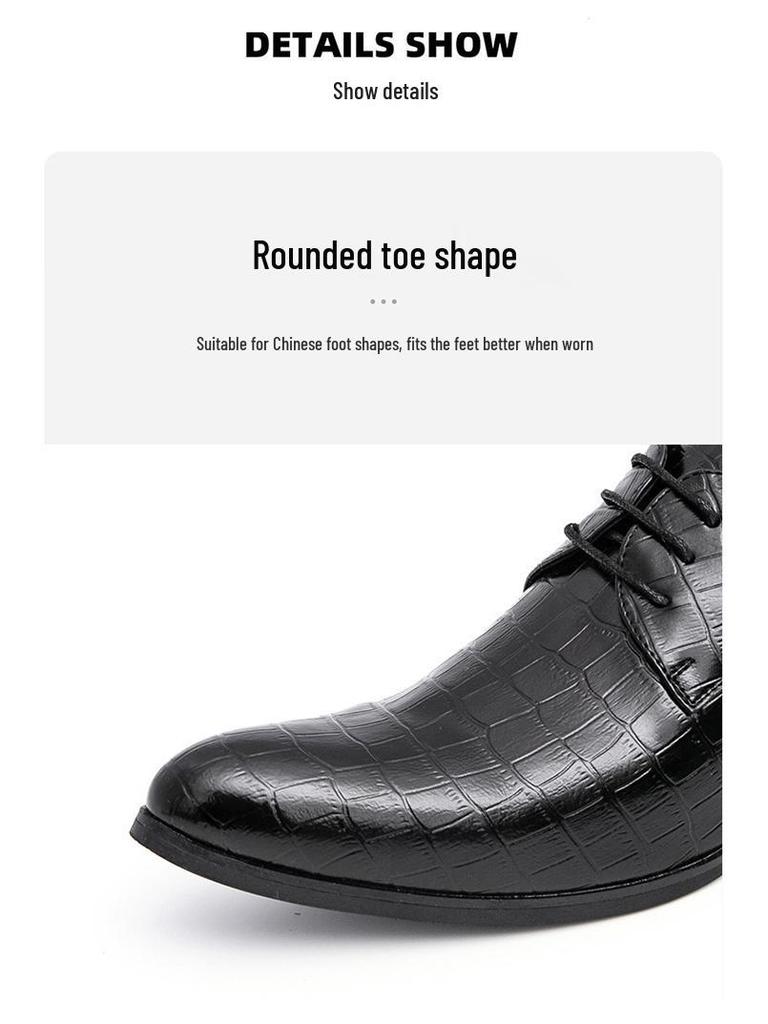 Men's Embossed Pointed Toe Leather Shoes - Height Increasing, Lace-up, Casual & Formal, Spring/Autumn.