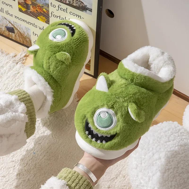 

2024 Autumn/Winter Cute Big Eyes Cotton Slippers Plus Fleece Warm Indoor Home Thick Sole Non-slip Couple High Top Cotton Shoes 36-37