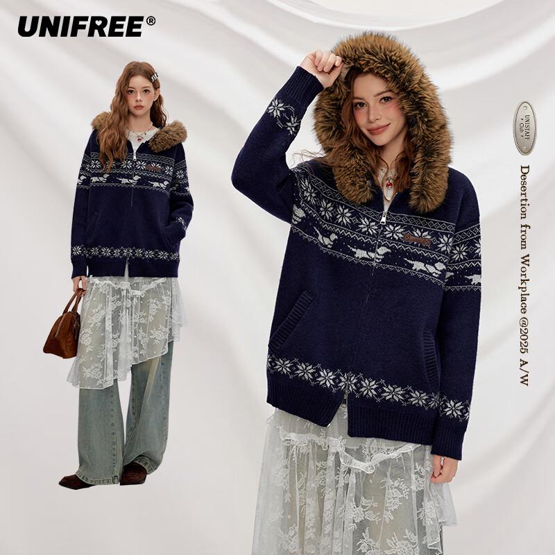 

UNIFREE Fair Isle Knit Hooded Cardigan One Size