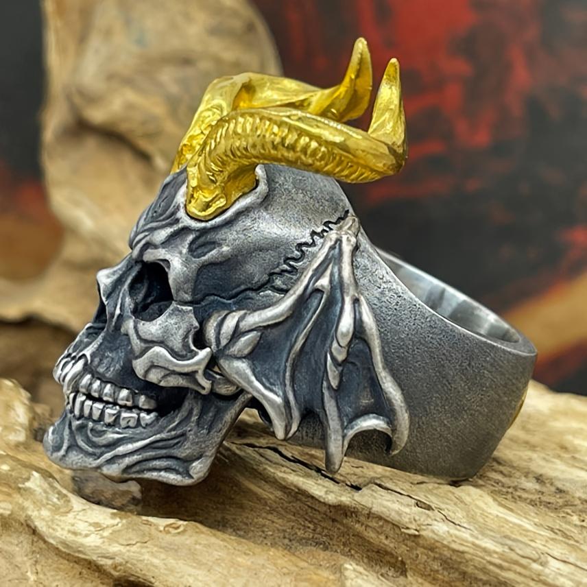 Vintage Punk Stainless Steel Skull Rings For Men Gothic Punk Exaggerated Gold Color Goat Skull Ring Hiphop Rock Biker Jewelry