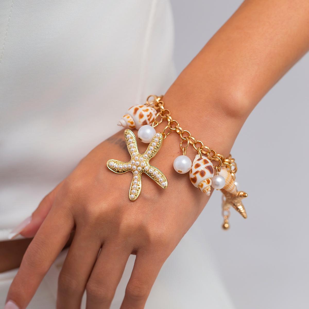 Salircon Bohemian Ocean Style Starfish Multilayer Imitation Pearl Necklace Women  Summer Vacation Party Beach Jewelry