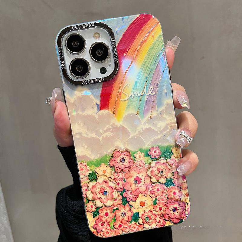 

Металлическая рамка, подходящая для чехла для мобильного телефона Apple 15 16 iPhone 14, клей от синего света, радужная масляная живопись, стиль браслета с цветами iPhone 11