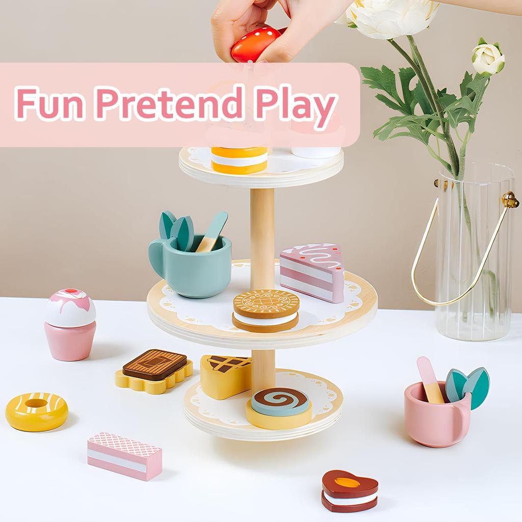 Tea Party Set Dessert Stand Playset ,Wooden Toys Pretend Play Food Kitchen Accessories for Toddler Tea Set Birthday Gift