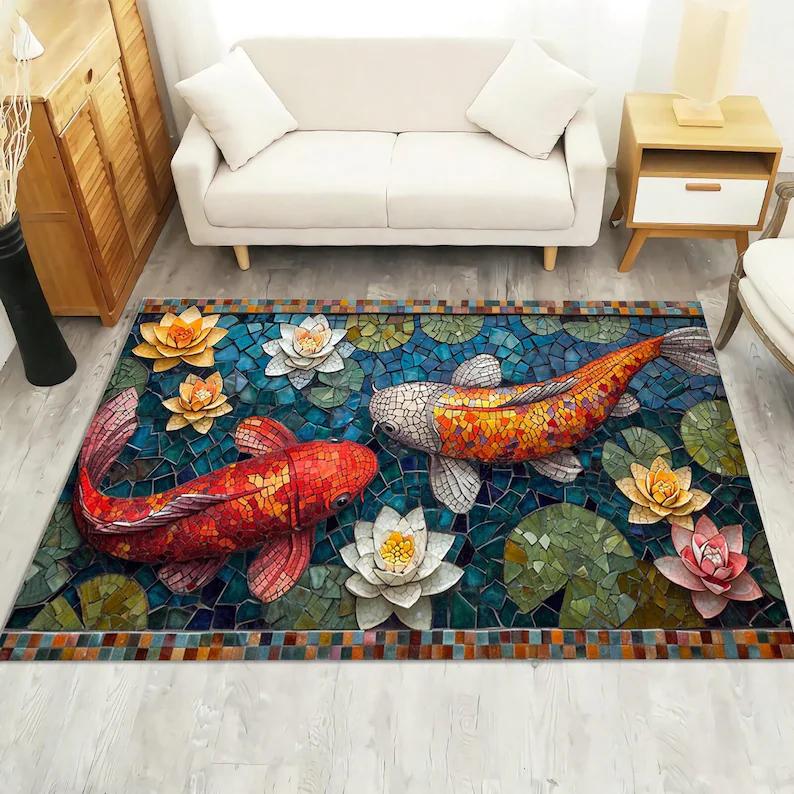 Bathroom Doormat 2D Washable Non-Slip Area Rug Mosaic Koi Fish Lotus Carpet Dark Living Room Floor Mat for Entryway Boho Retro