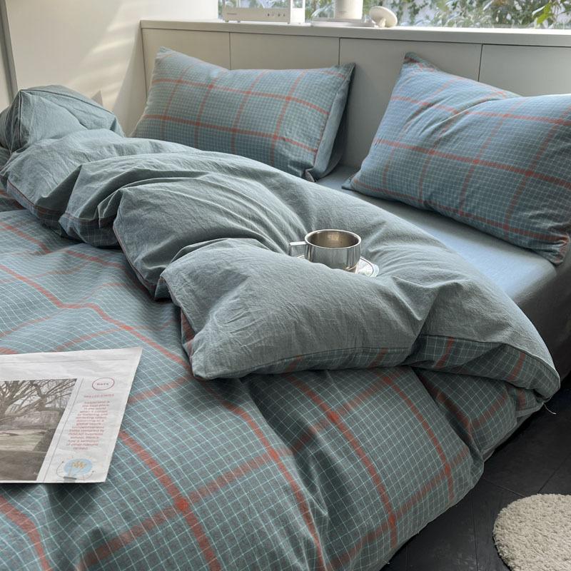 New Pure Cotton and Linen Double Yarn Four-piece Set Striped Print Single and Double Bed Sheets Bedding