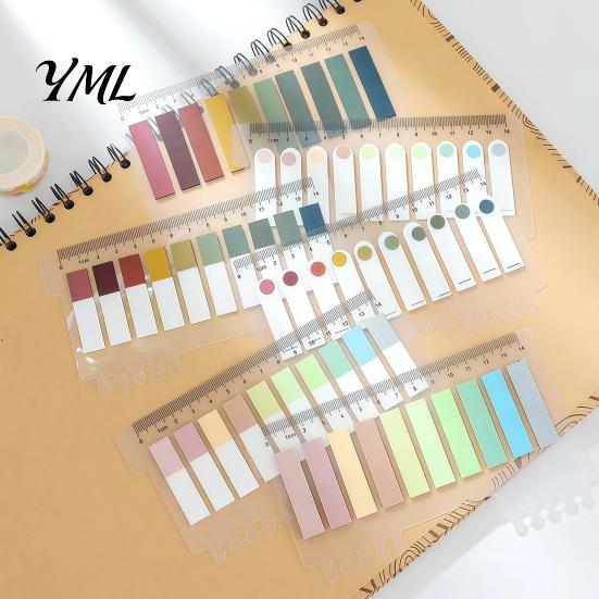 Morandi Color Page Markers Index Sticker Tabs with Built-in Scale Ruler, Transparent Office Document Dividers PET Markers, Compact Writable