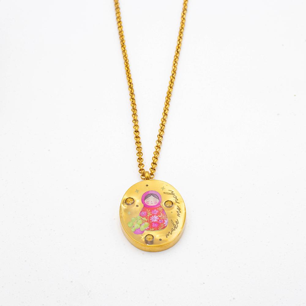 Minimalism Style Gold Color Titanium Steel Round Pendant Bead Chain Necklace Unisex Jewelry Accessories