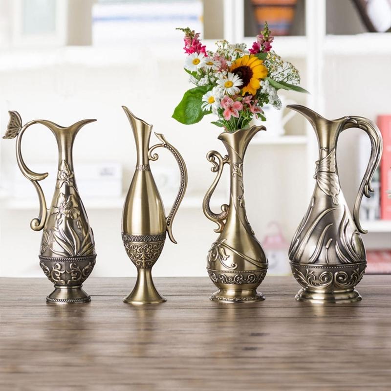 Textured Geometric Vintage Bronze Metal Vases For Living Room Table Centerpieces Display Flower Arrangements Container