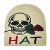 Knit Skull&Rose Beanie Hat for Students Adult Windproof Foldable Winter Hat Handmade Halloween Keep Warm Cycling Hat