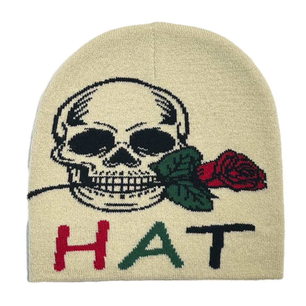 Knit Skull&Rose Beanie Hat for Students Adult Windproof Foldable Winter Hat Handmade Halloween Keep Warm Cycling Hat