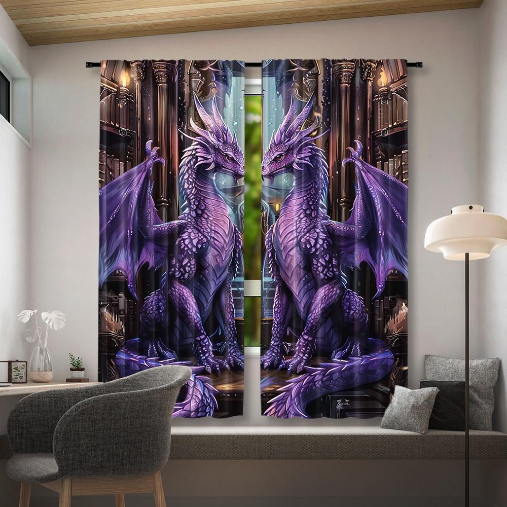 2pcs Rod Pocket Dragon Print Curtains - Semi-Sheer Polyester Pongee Fantasy Library Decor for Bedroom, Living Room - Machine Was